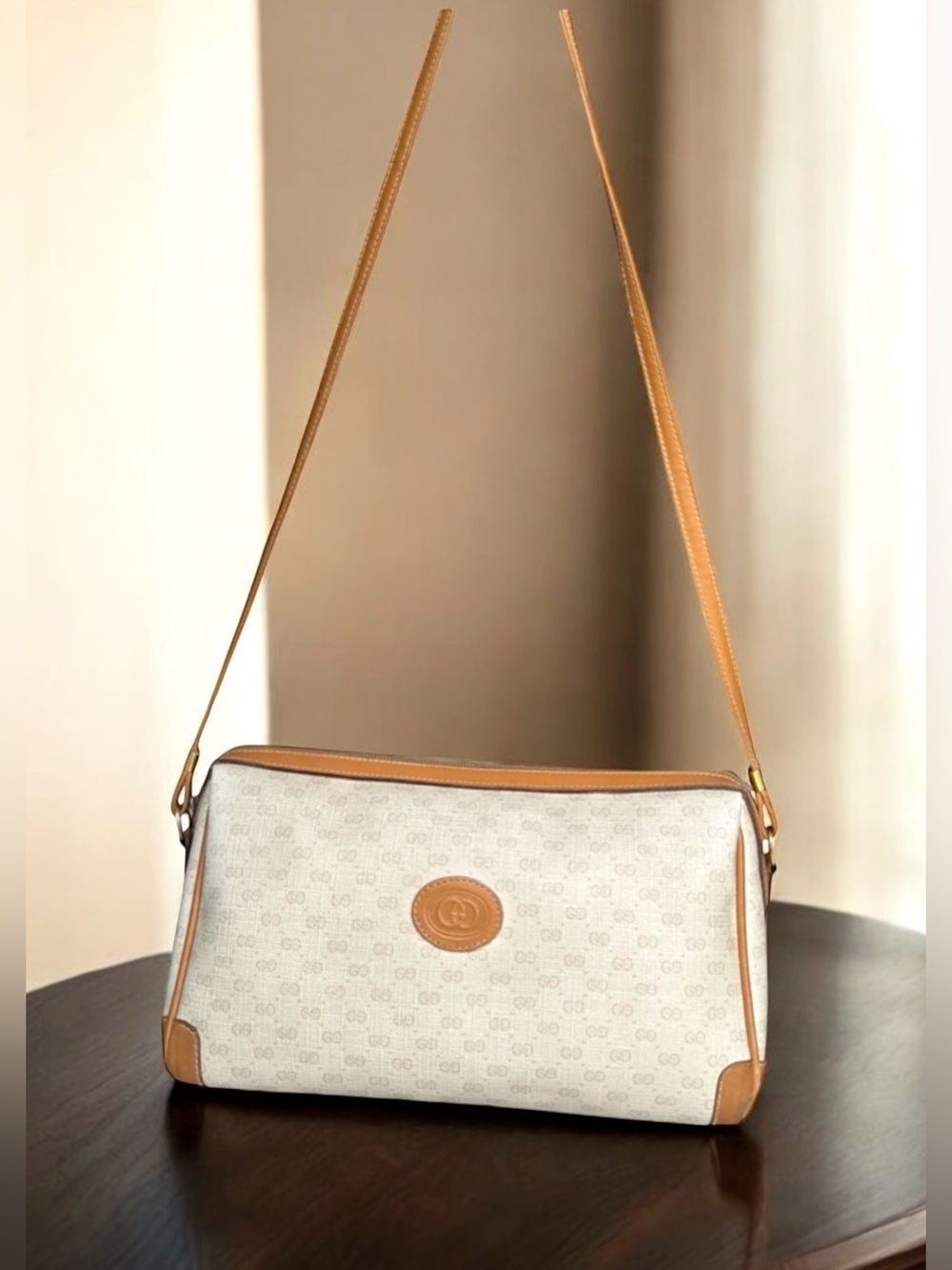 GUCCI Vintage Micro GG Ivory Coated Canvas Leather Shoulder Bag Crossbody